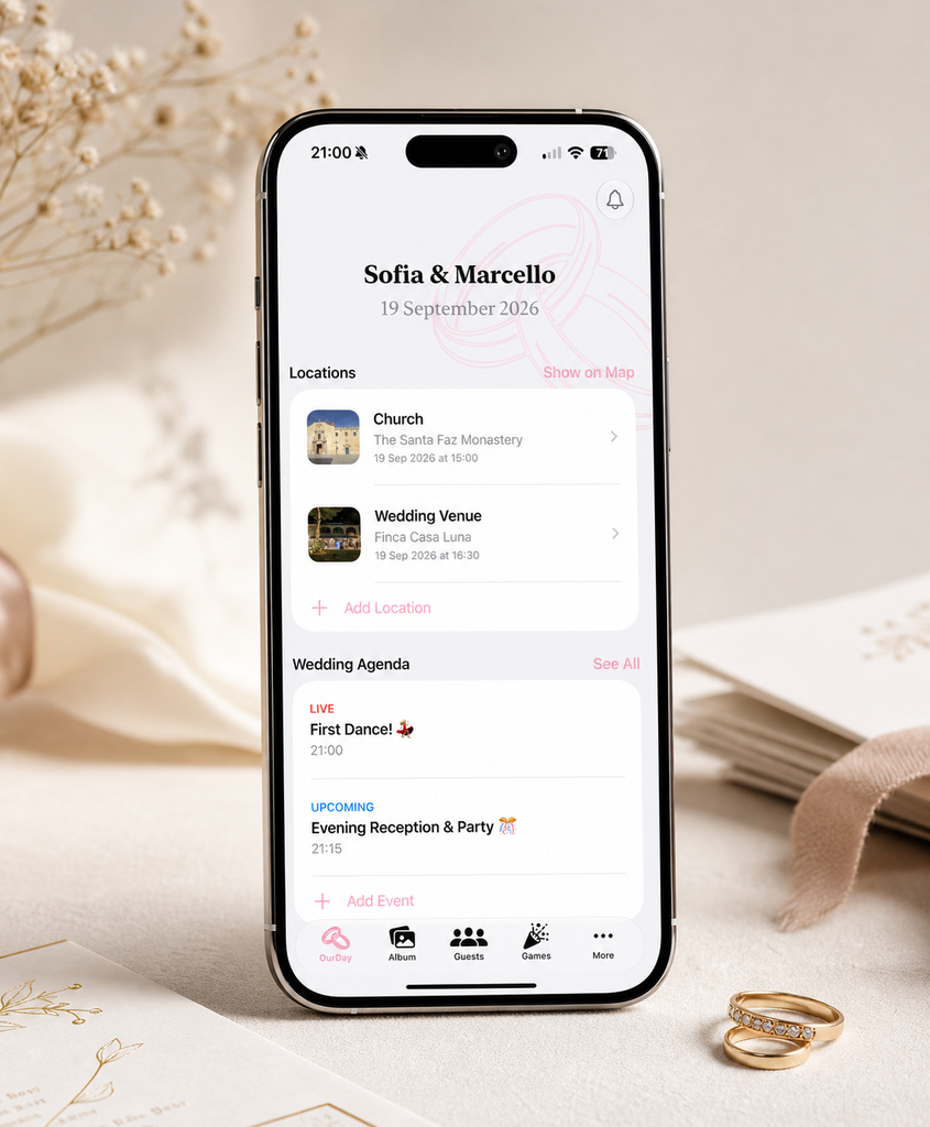 The JoinOurDay home screen showing a wedding countdown, venues, and the day's agenda