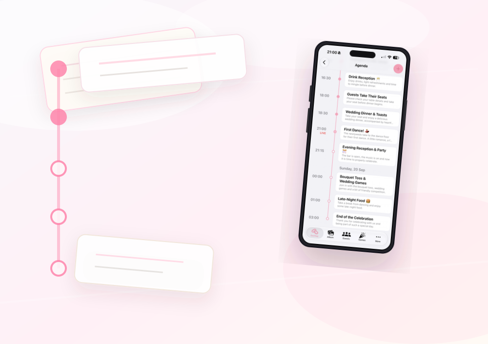 The wedding agenda screen with a timeline of events