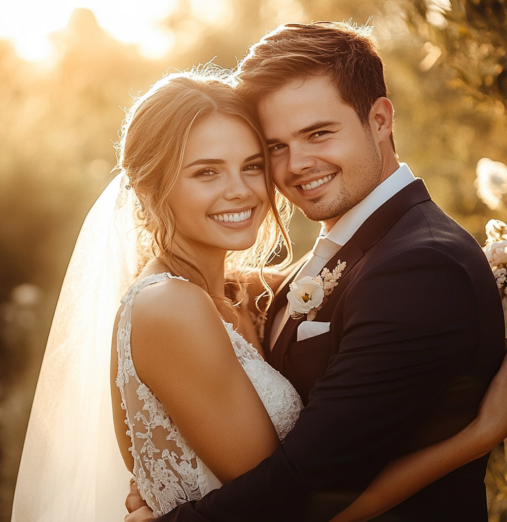 Newly married couple standing together outdoors in warm evening light.